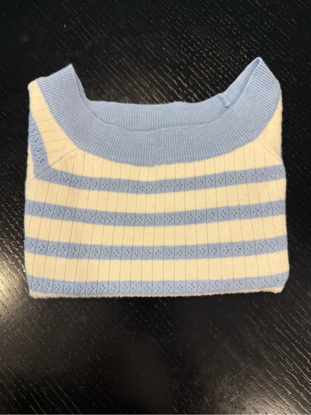 Sincerely Jules Short-Sleeve Striped Knit Sweater in Light Blue and Cream